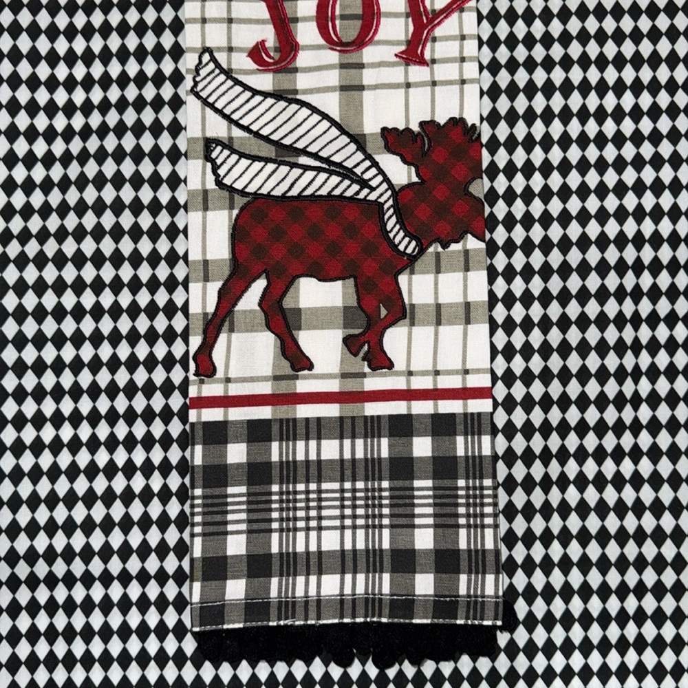 Mackenzie Childs Moose JOY Tassel Hand Towel